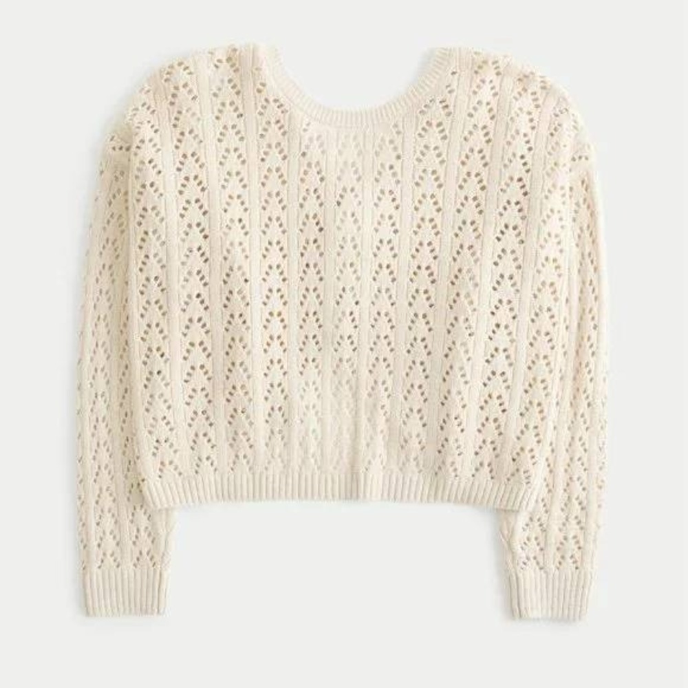 Hollister Women's Cream Pointelle Knit Twist Back Cropped‎ Boho Sweater Small